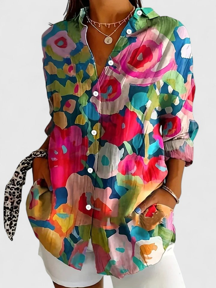 Vibrant Artistic Button-Up Blouse