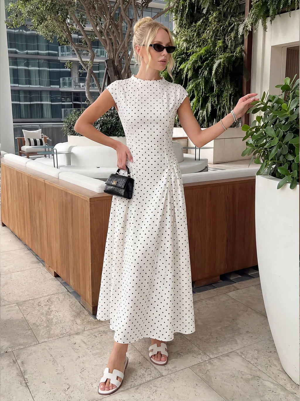 Vintage Polka Dot Ruched Midi Dress