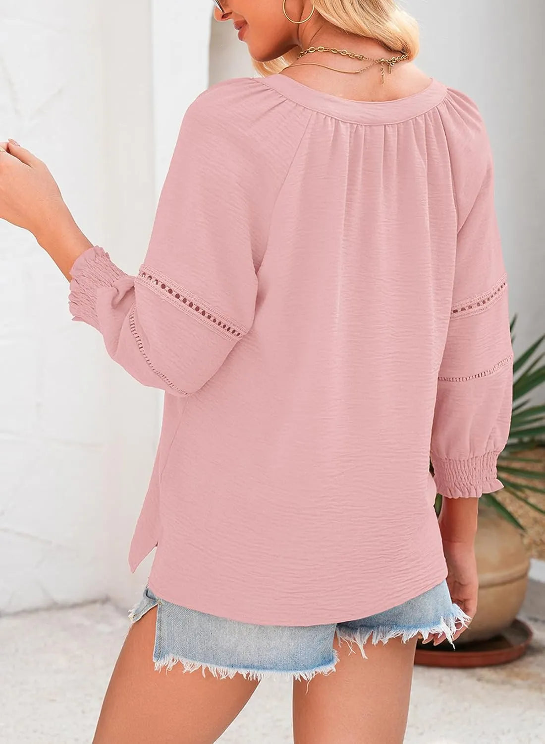 Womens 3/4 Lantern Sleeve Casual V-Neck T-Shirts Pleated Loose Hollow-Out Blouse