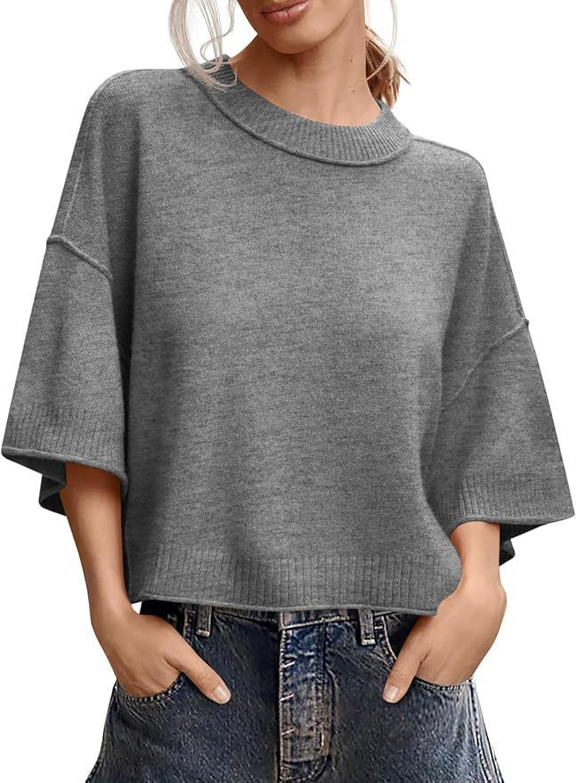 Women's Summer Short Sweater Casual Crew Neck Lightweight Top