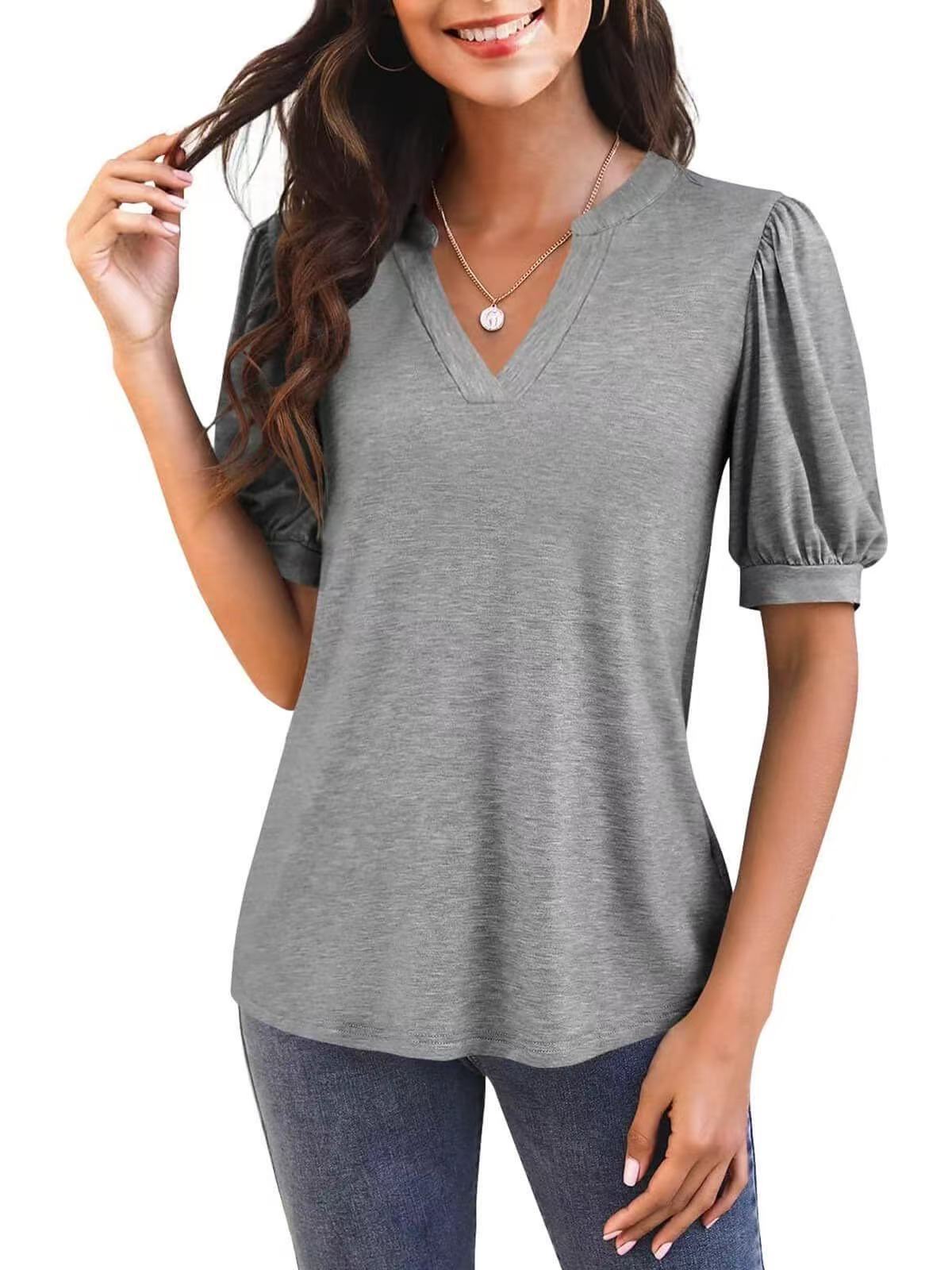 Women’s V-Neck Gathered Puff Short Sleeve Curved Hem Casual T-Shirt
