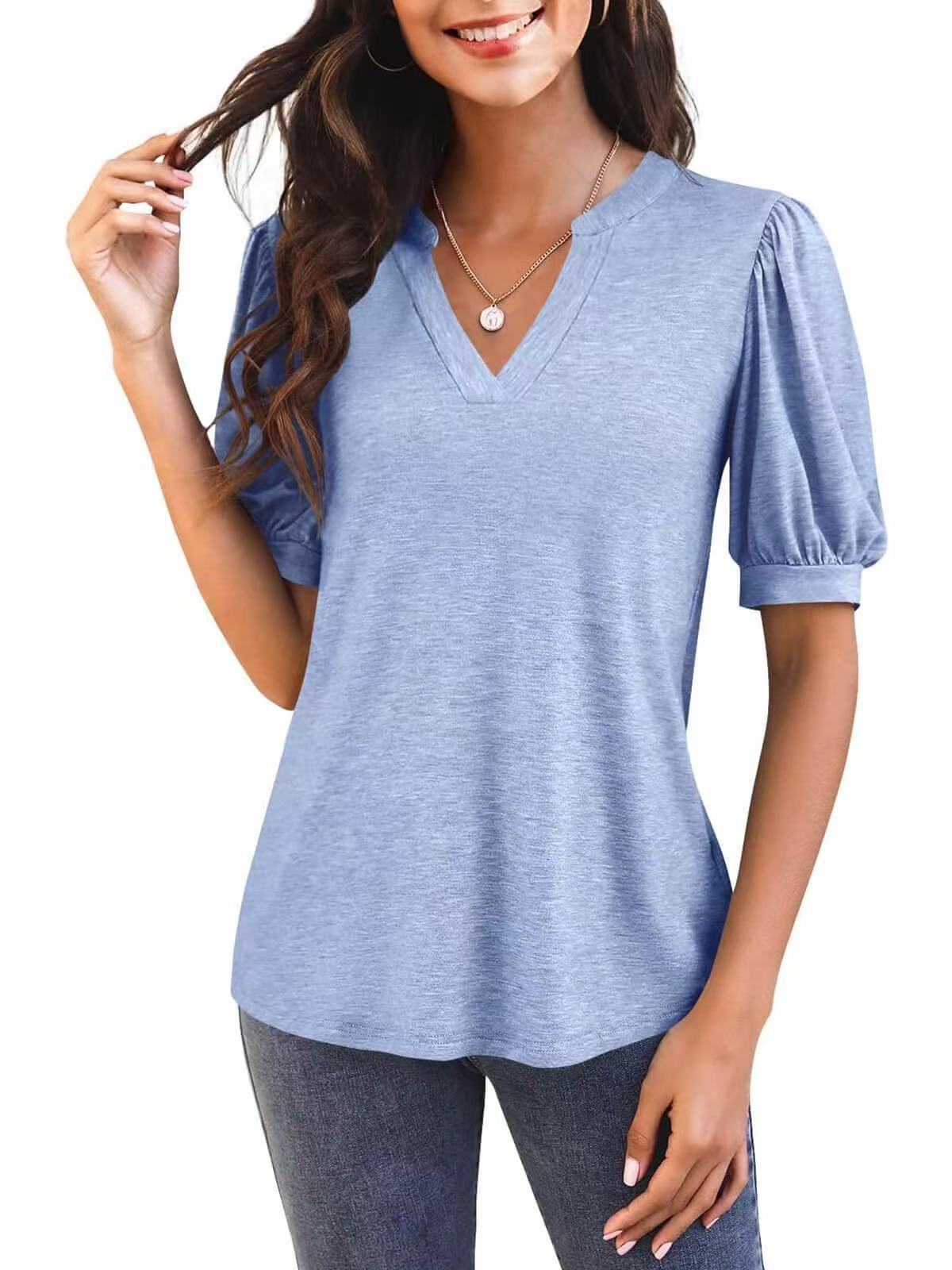 Women’s V-Neck Gathered Puff Short Sleeve Curved Hem Casual T-Shirt