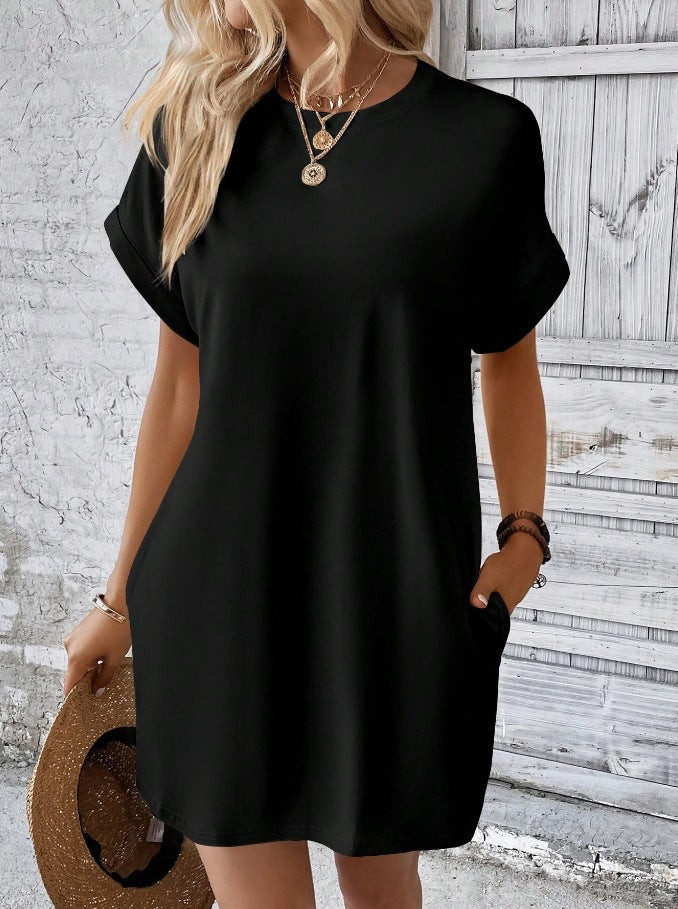 Women’s Crew Neck Rolled Sleeve Pocket Loose Mini T-Shirt Dress