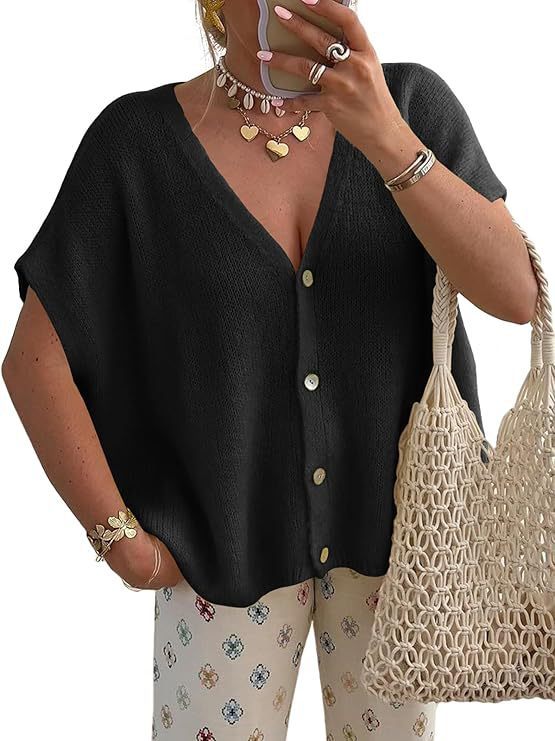 New loose V-neck solid color knit short-sleeved top