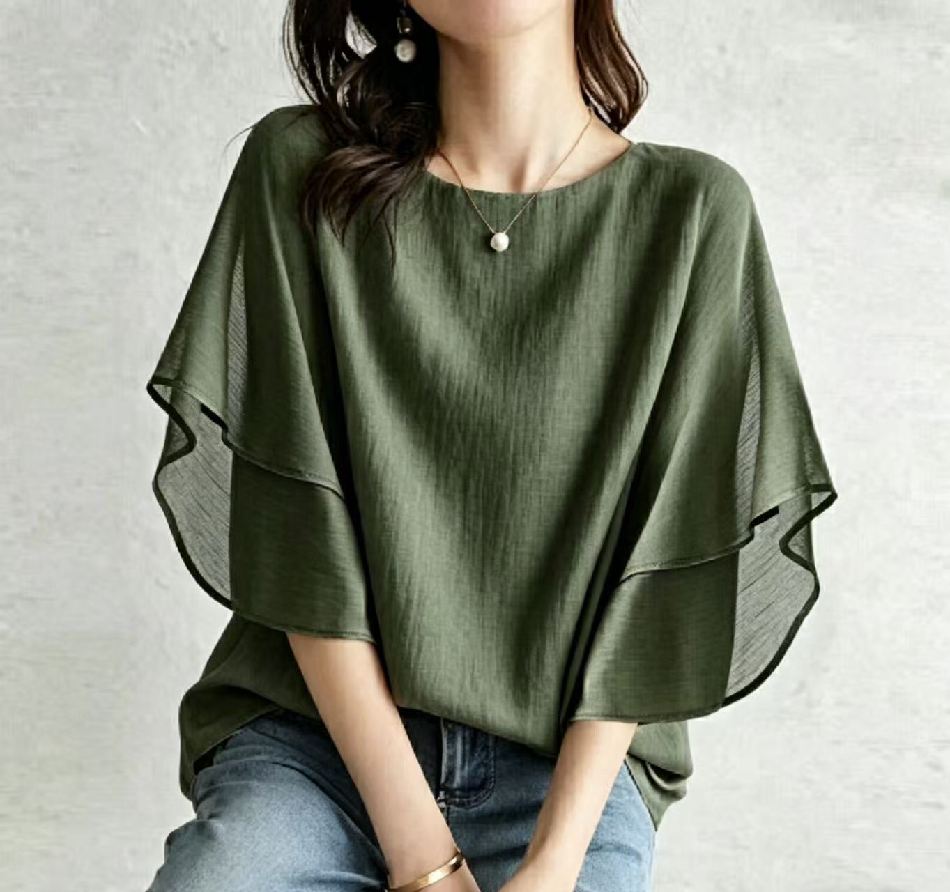 Women’s One Size Round Neck Double Layer Flutter Sleeve Loose Casual Blouse