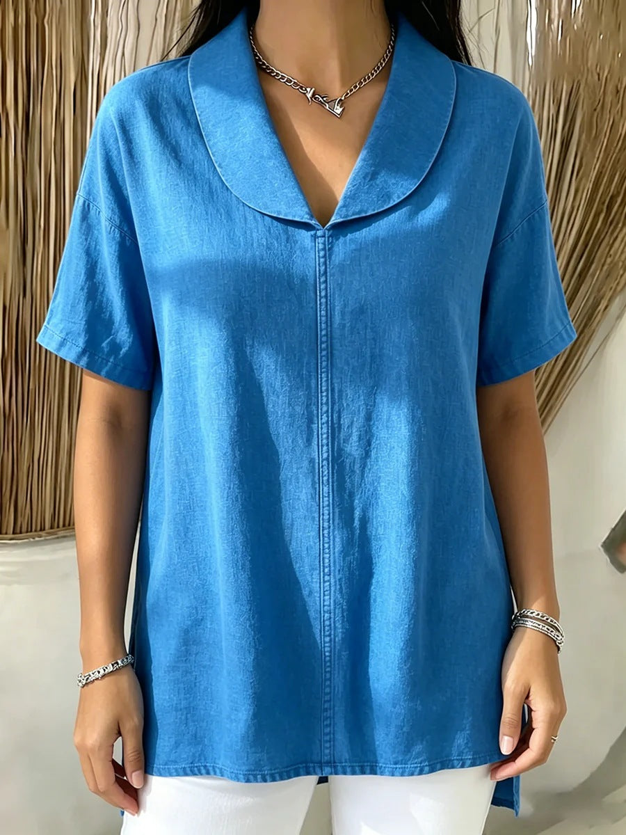 Casual short-sleeved women's cotton and linen top