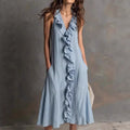 A-Line Loose Pleated Ruffle Trim Solid Color V-Neck Maxi Dresses