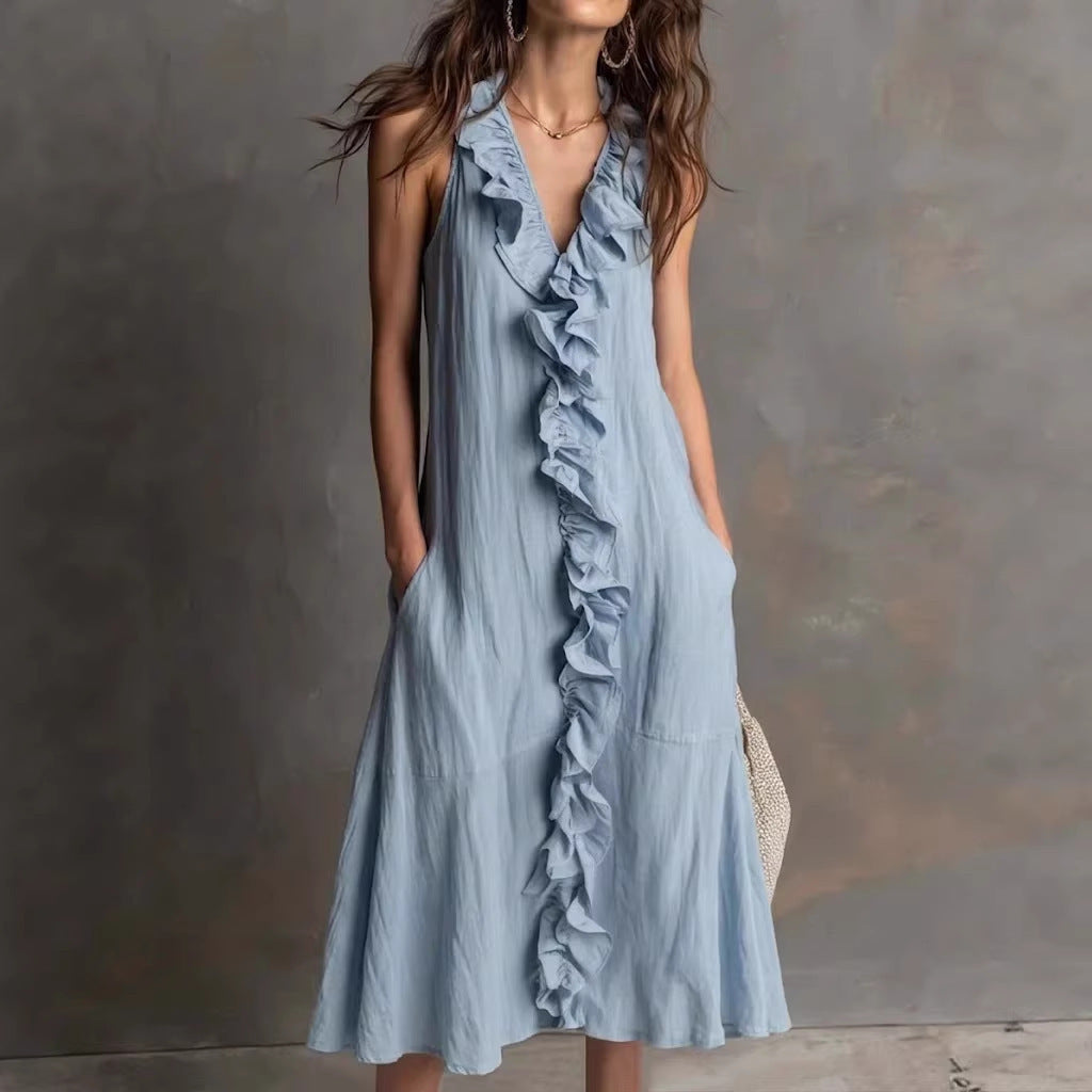 A-Line Loose Pleated Ruffle Trim Solid Color V-Neck Maxi Dresses