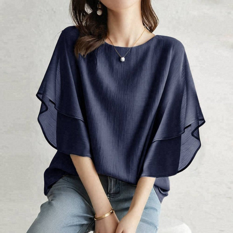 Women’s One Size Round Neck Double Layer Flutter Sleeve Loose Casual Blouse