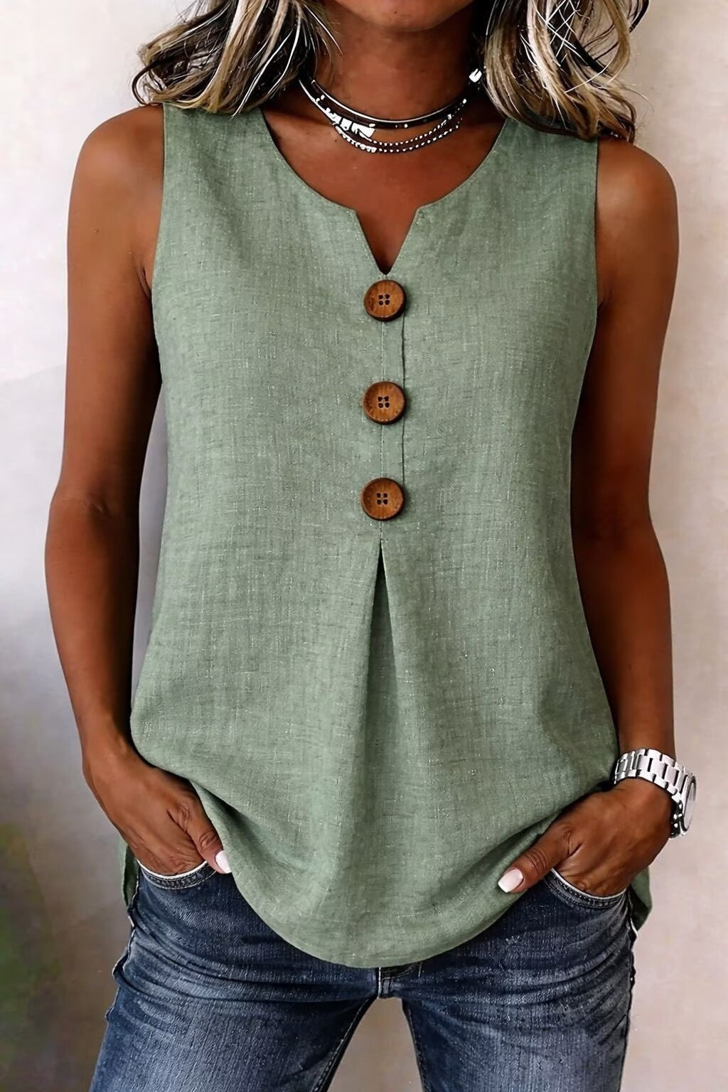 V-neck front button sleeveless top