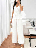Women's Wrap V-Neck 2-Piece Set - Belted Top & Wide Leg Pants