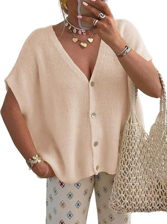 New loose V-neck solid color knit short-sleeved top