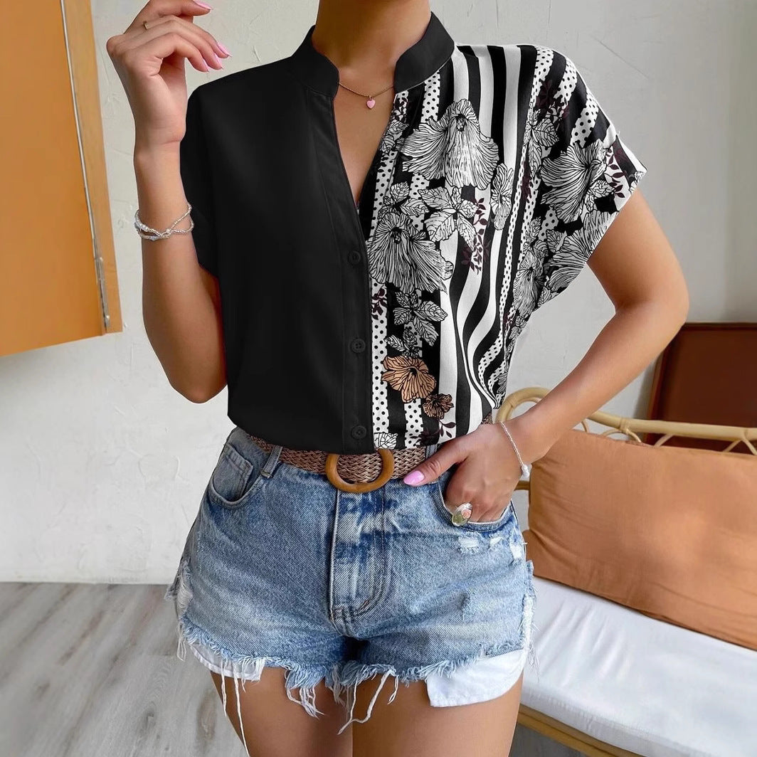 Two-tone floral button-down cardigan short-sleeved shirt
