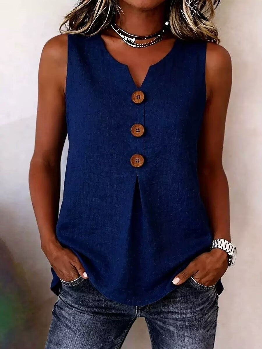 V-neck front button sleeveless top