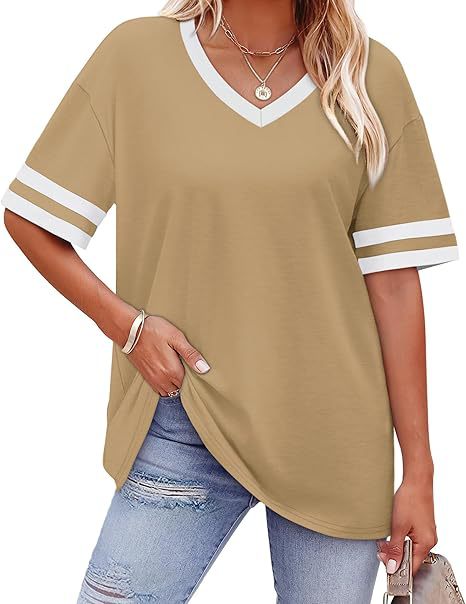 Women’s Contrast Striped Trim V-Neck Loose Short Sleeve T-Shirt