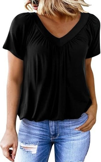 V-neck raglan sleeve pleated casual T-shirt
