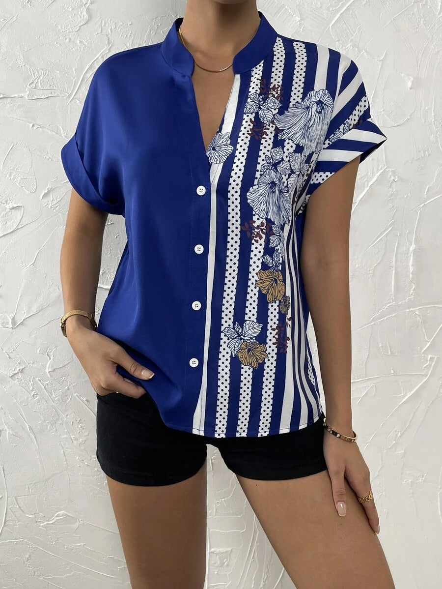 Two-tone floral button-down cardigan short-sleeved shirt