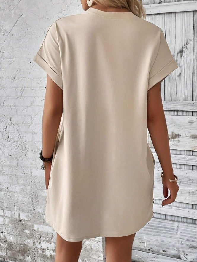 Women’s Crew Neck Rolled Sleeve Pocket Loose Mini T-Shirt Dress