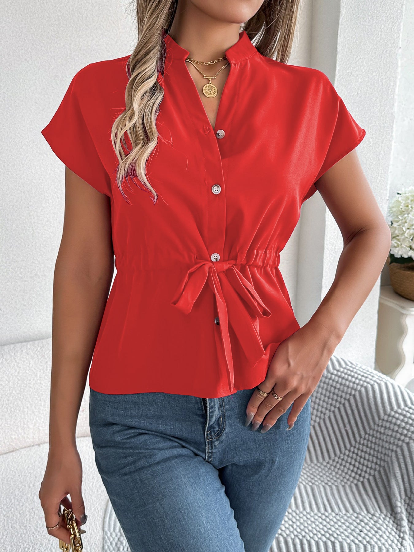 Chiffon V-neck button-down belt shirt