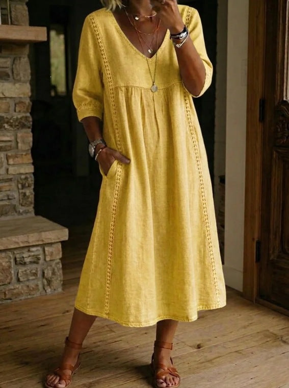 Loose V-neck linen cotton dress with lace trim
