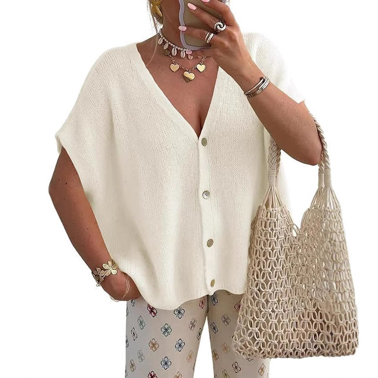 New loose V-neck solid color knit short-sleeved top
