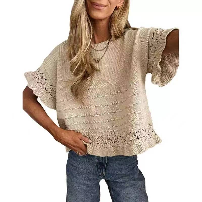New Ruffled Short-Sleeve Knit Sweater