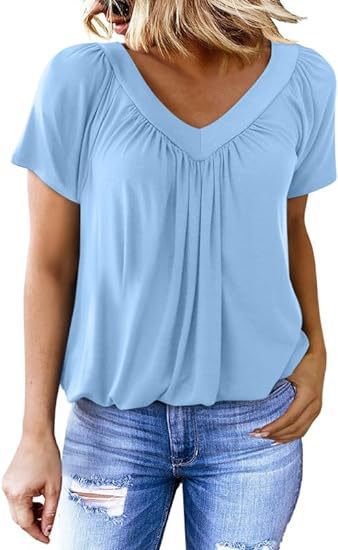V-neck raglan sleeve pleated casual T-shirt
