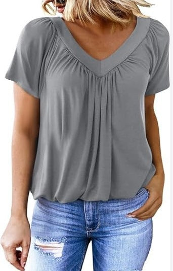 V-neck raglan sleeve pleated casual T-shirt