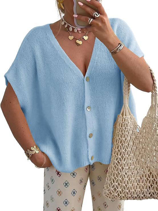 New loose V-neck solid color knit short-sleeved top