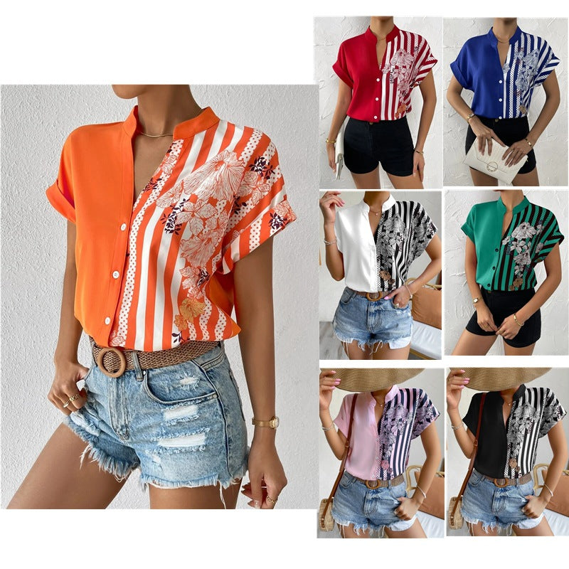 Two-tone floral button-down cardigan short-sleeved shirt