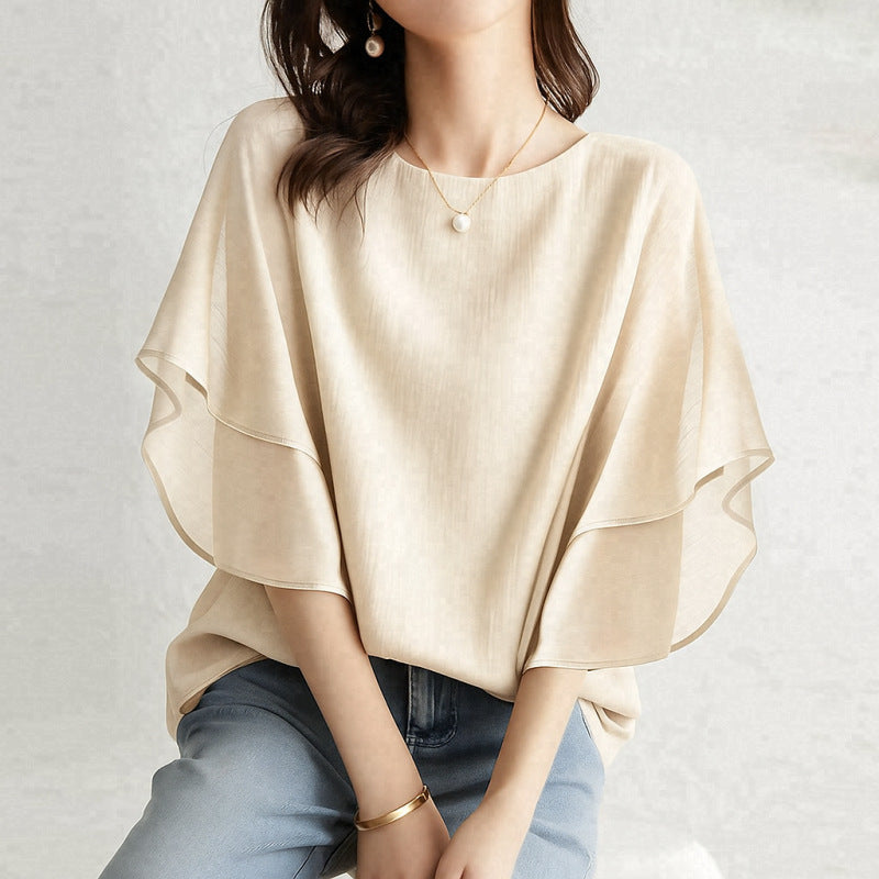 Women’s One Size Round Neck Double Layer Flutter Sleeve Loose Casual Blouse