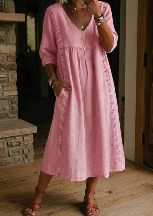 Loose V-neck linen cotton dress with lace trim