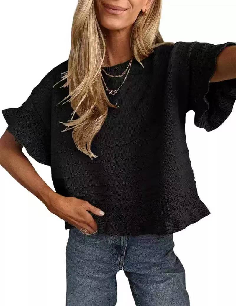 New Ruffled Short-Sleeve Knit Sweater