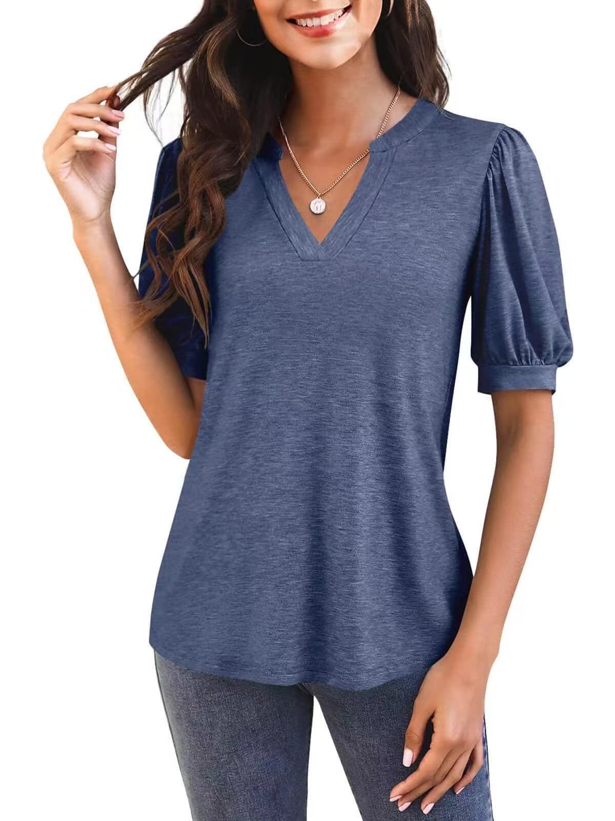 Women’s V-Neck Gathered Puff Short Sleeve Curved Hem Casual T-Shirt