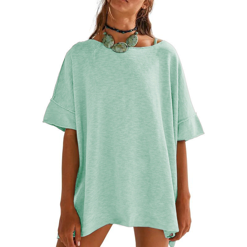 Solid color loose round neck spliced three-quarter sleeve women's top