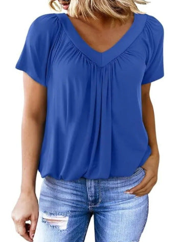 V-neck raglan sleeve pleated casual T-shirt