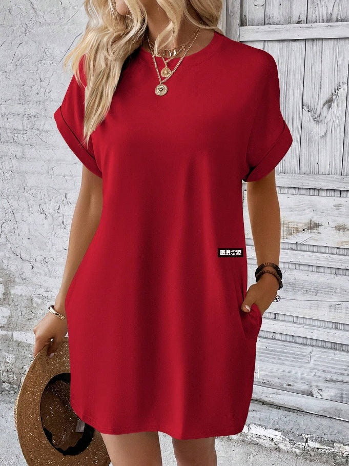 Women’s Crew Neck Rolled Sleeve Pocket Loose Mini T-Shirt Dress