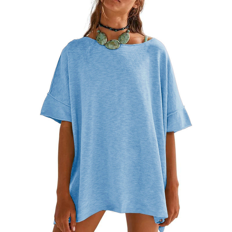 Solid color loose round neck spliced three-quarter sleeve women's top