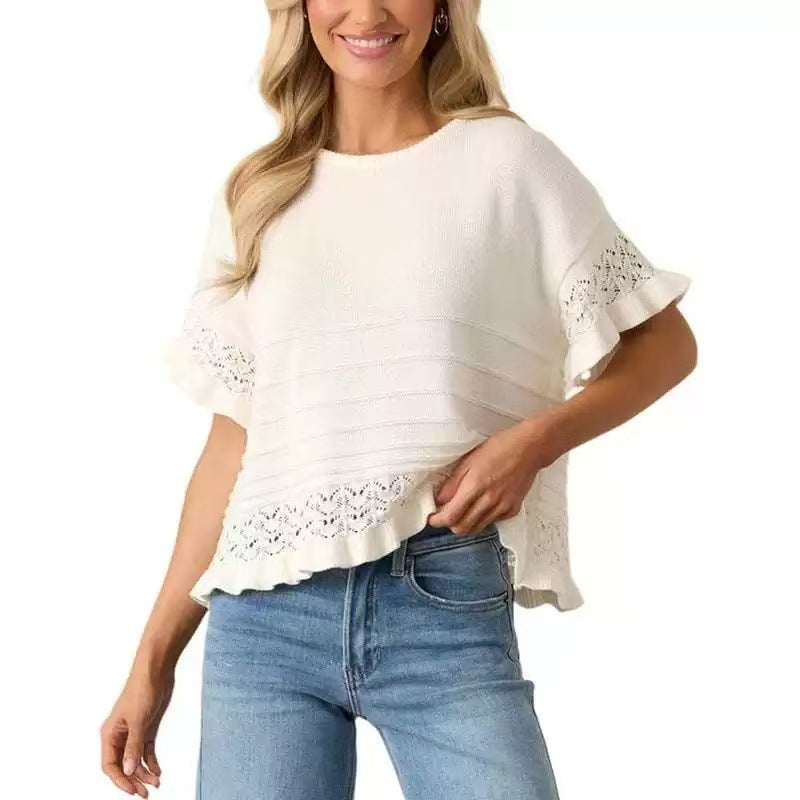 New Ruffled Short-Sleeve Knit Sweater