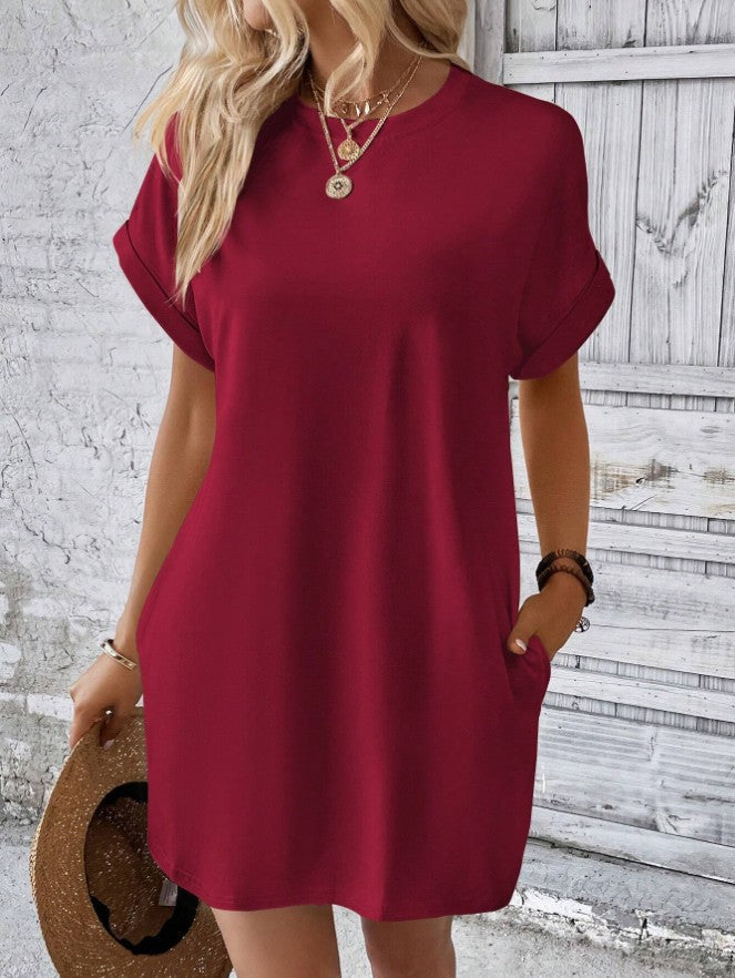 Women’s Crew Neck Rolled Sleeve Pocket Loose Mini T-Shirt Dress