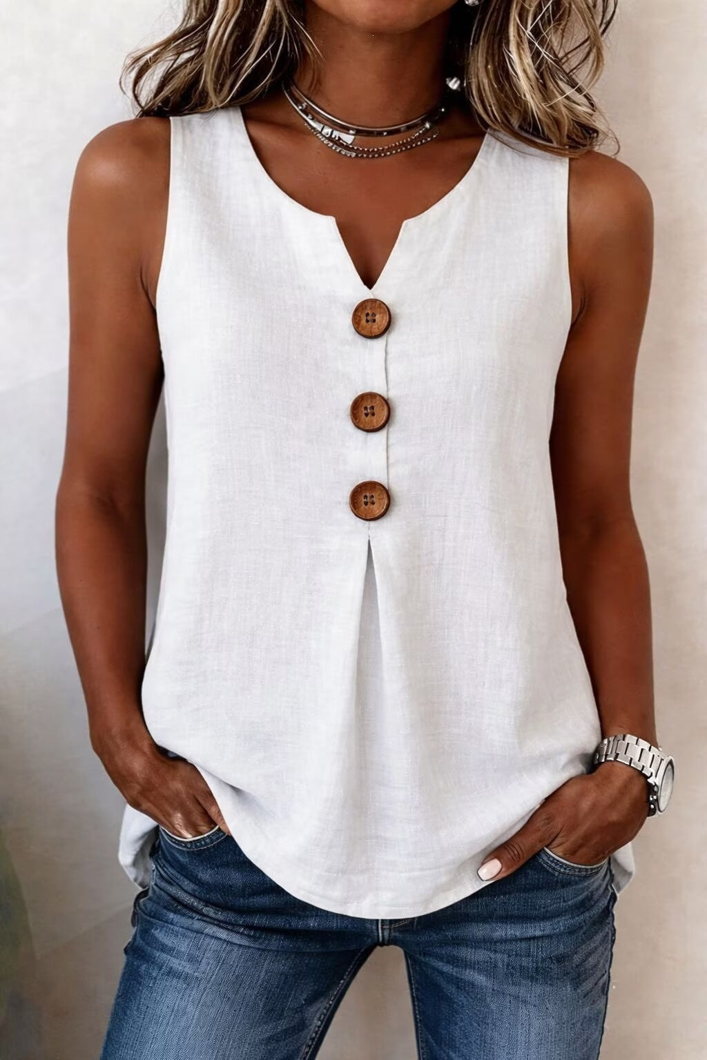 V-neck front button sleeveless top