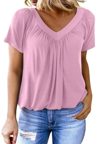 V-neck raglan sleeve pleated casual T-shirt