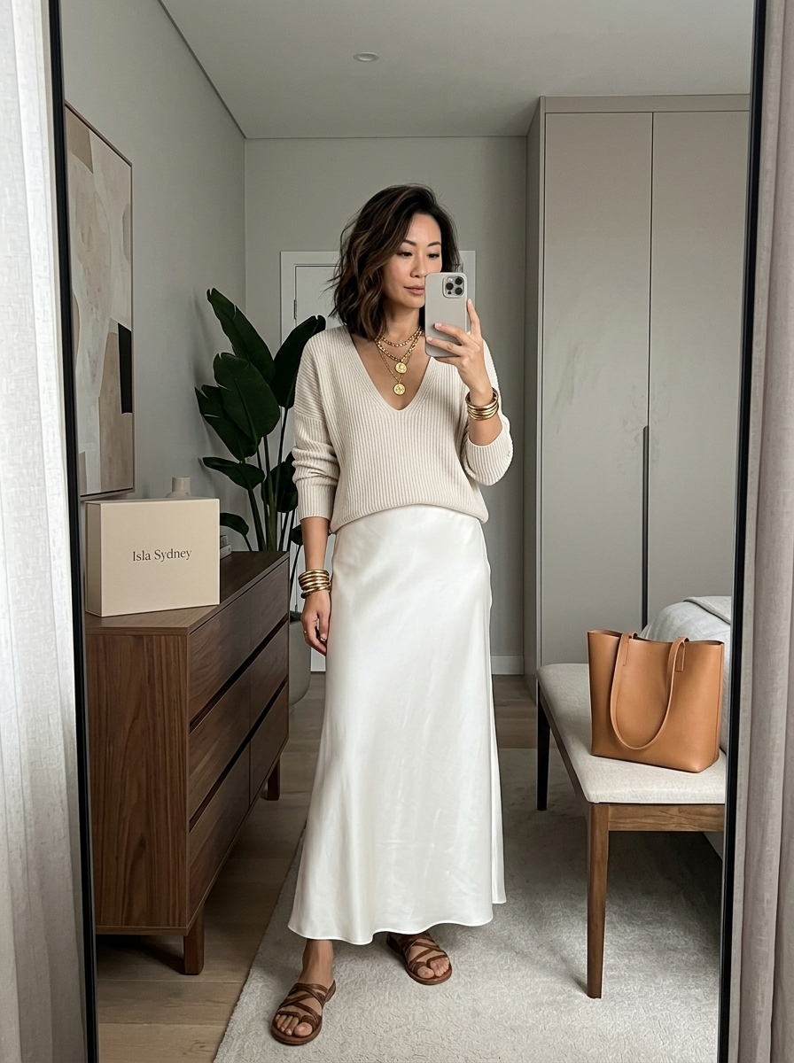 Chloe | Effortless Ivory Knit & Satin Midi Ensemble