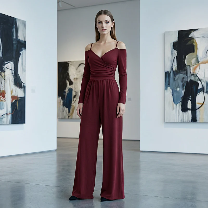 Women’s Cold Shoulder Spaghetti Strap Ruched V-Neck Long Sleeve Wide Leg Floor-Length
