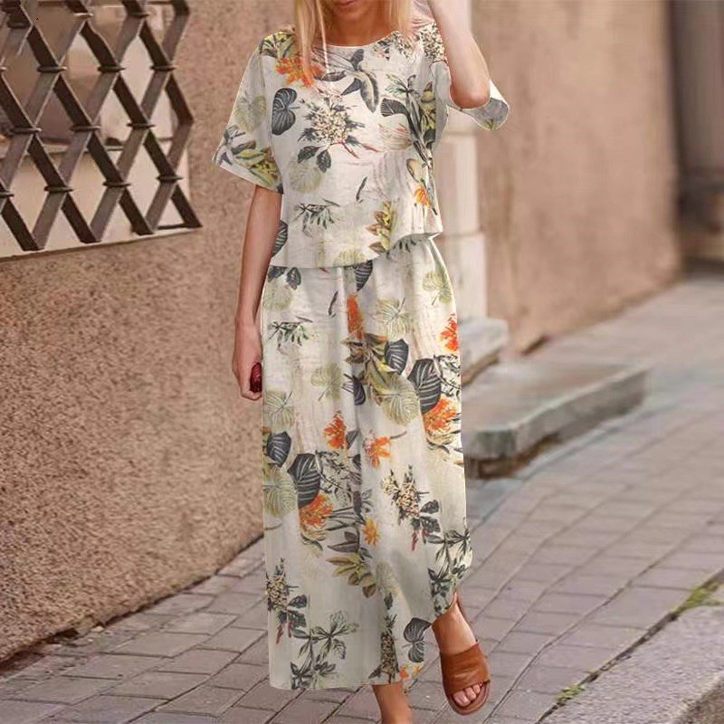 🔥Women’s Round Neck Floral Print Crop Top & Wide Leg Pants 2-Piece Matching Set