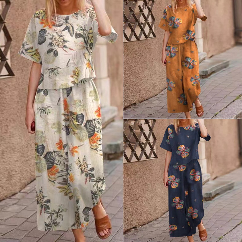 🔥Women’s Round Neck Floral Print Crop Top & Wide Leg Pants 2-Piece Matching Set