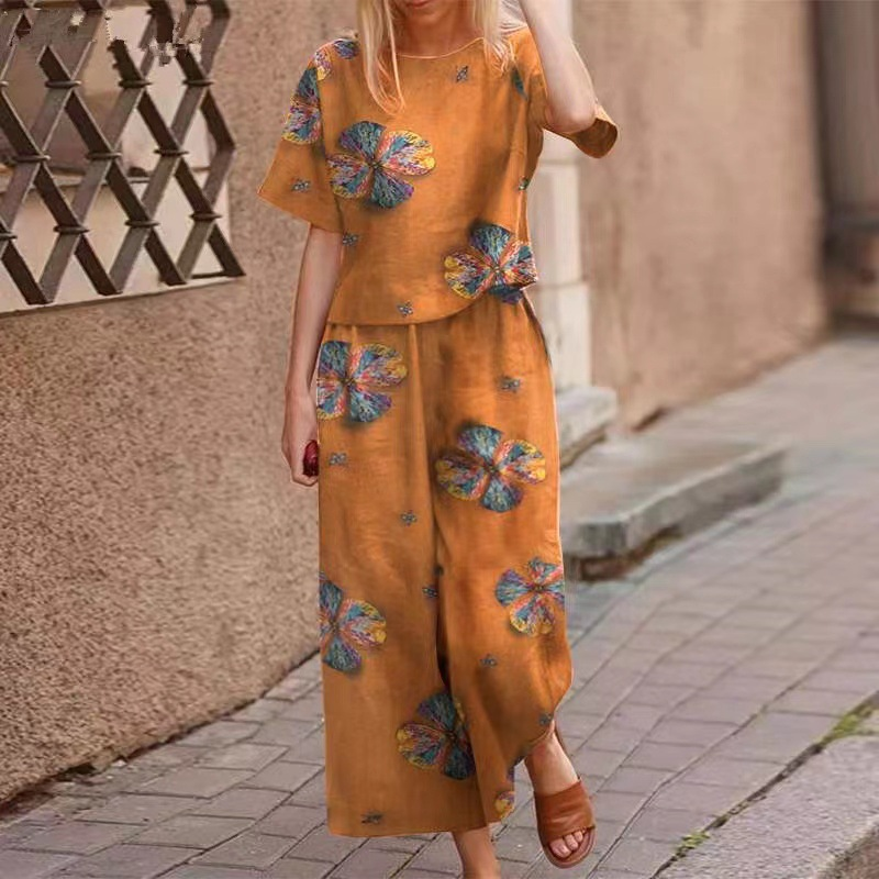 🔥Women’s Round Neck Floral Print Crop Top & Wide Leg Pants 2-Piece Matching Set