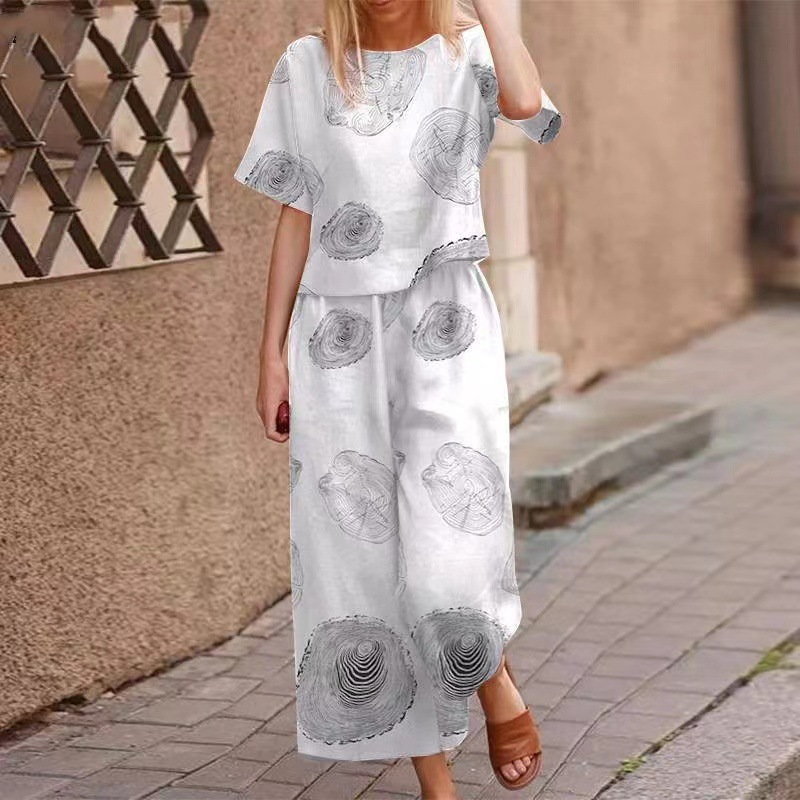 🔥Women’s Round Neck Floral Print Crop Top & Wide Leg Pants 2-Piece Matching Set