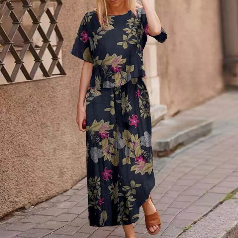 🔥Women’s Round Neck Floral Print Crop Top & Wide Leg Pants 2-Piece Matching Set