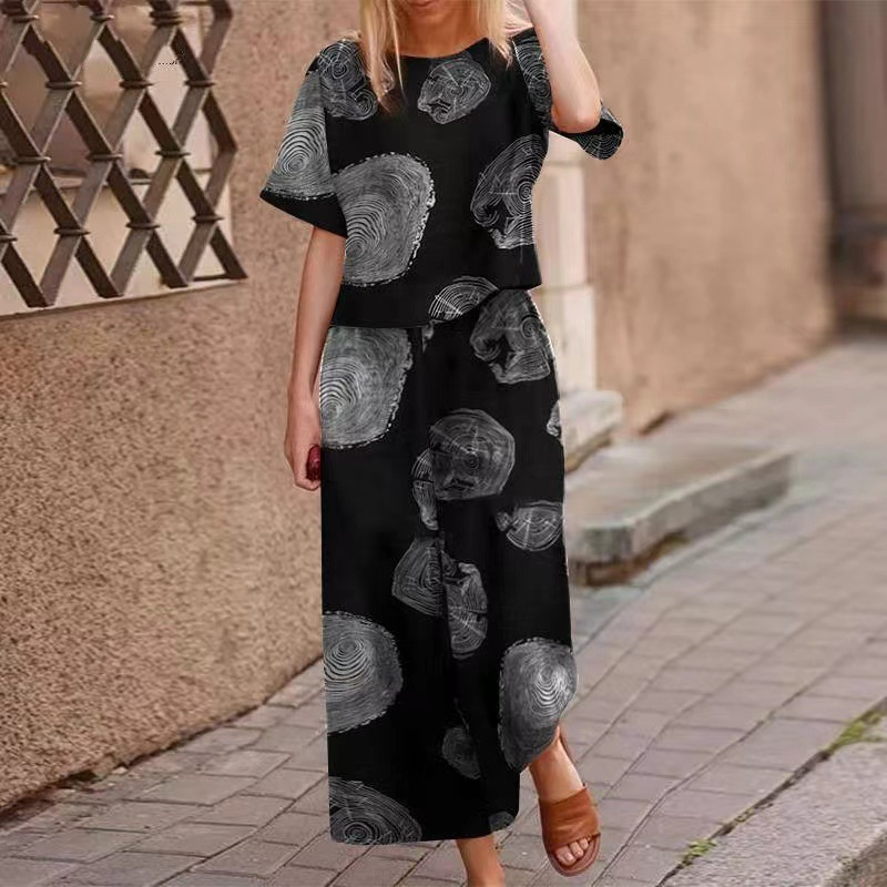 🔥Women’s Round Neck Floral Print Crop Top & Wide Leg Pants 2-Piece Matching Set